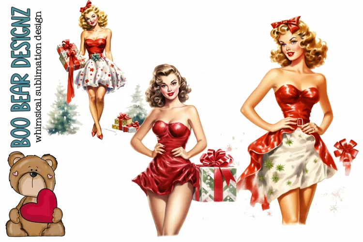 Watercolor Christmas Pin up Girl Clipart