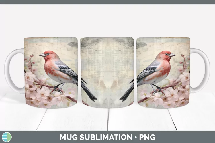 Vintage Pine Grosbeak Bird Mug Wrap | Sublimation Coffee Cup