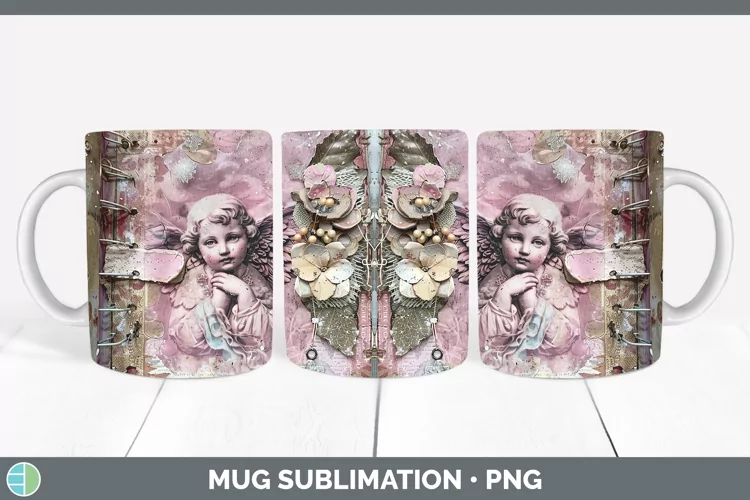 Vintage Pink Christmas Angel Mug Wrap Sublimation Coffee Cup