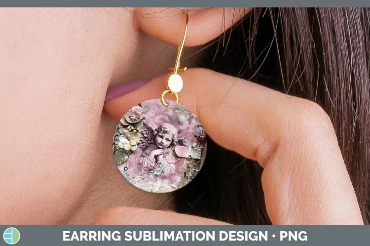 Vintage Pink Christmas Angel Round Earrings Sublimation Earr