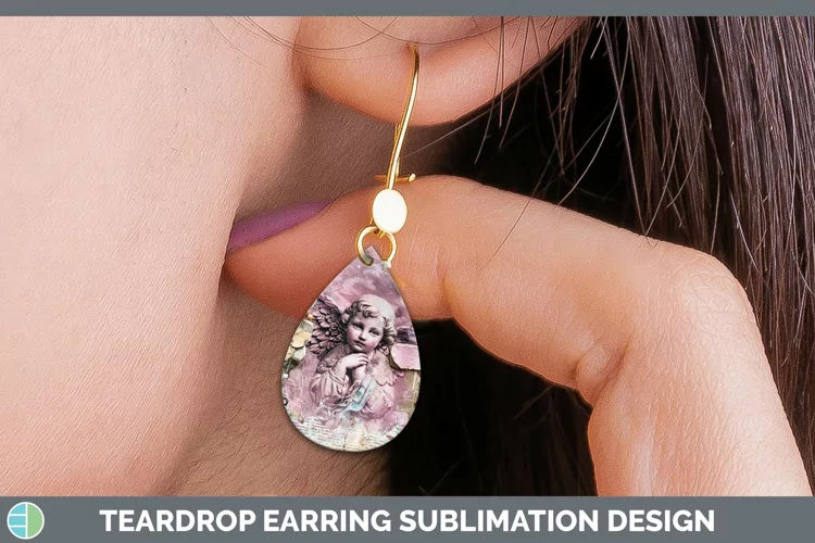 Vintage Pink Christmas Angel Teardrop Earrings Sublimation E