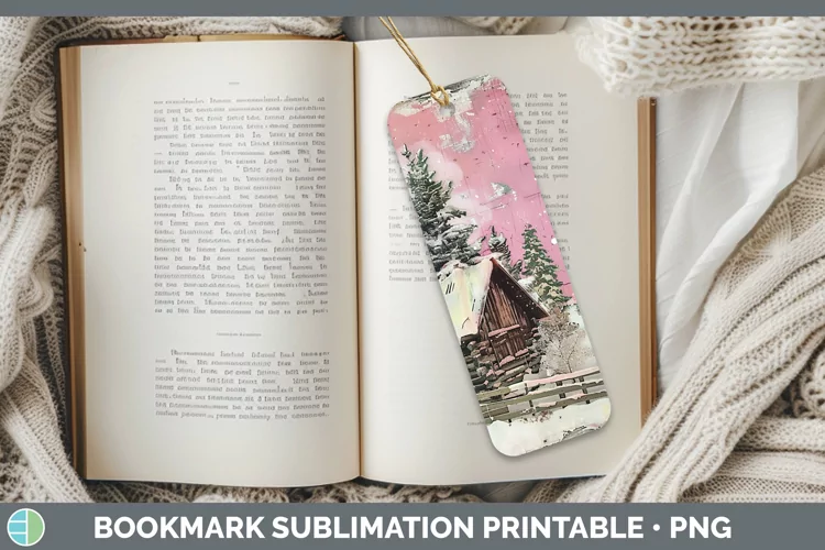 Vintage Pink Christmas Cabin Bookmark Sublimation Printable