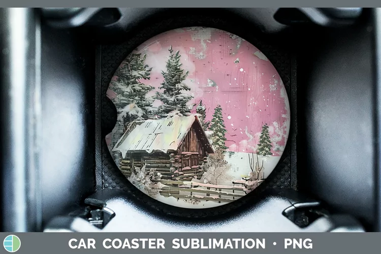 Vintage Pink Christmas Cabin Car Coaster Sublimation Design