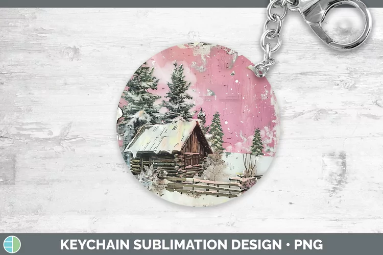 Vintage Pink Christmas Cabin Keychain Sublimation Keyring De