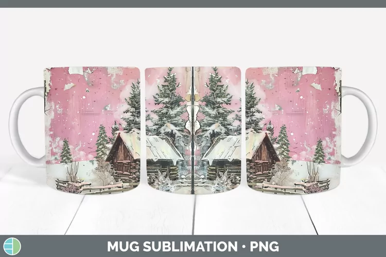 Vintage Pink Christmas Cabin Mug Wrap Sublimation Coffee Cup