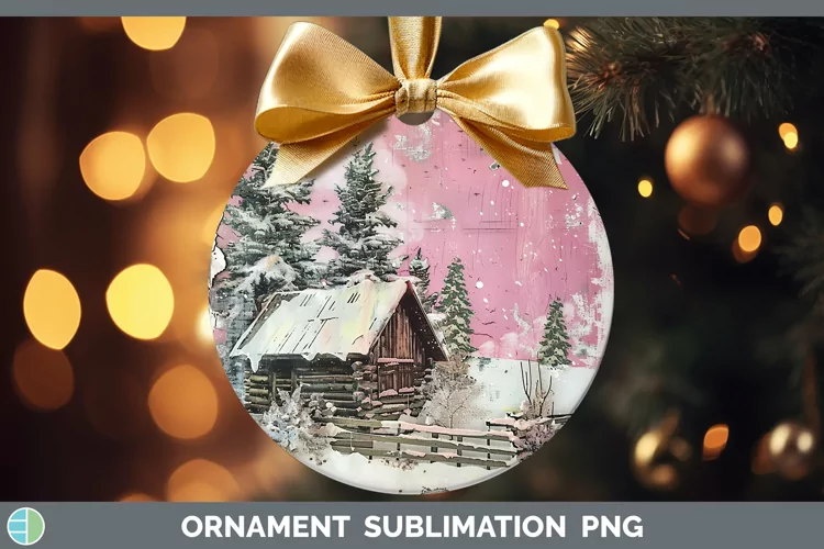 Vintage Pink Christmas Cabin Ornament Sublimation Bauble Des