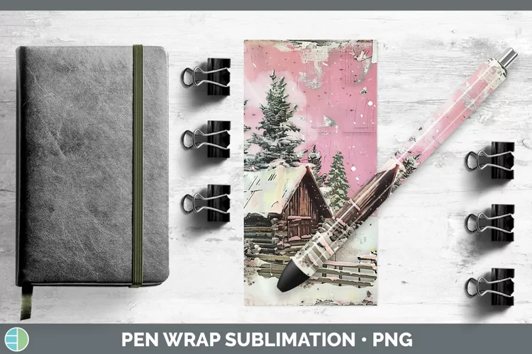 Vintage Pink Christmas Cabin Pen Wrap Sublimation Pen Design