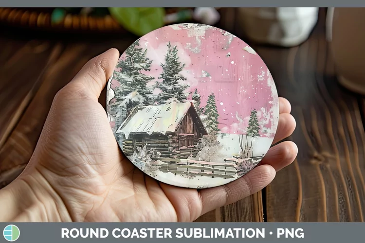 Vintage Pink Christmas Cabin Round Coaster Sublimation Coast