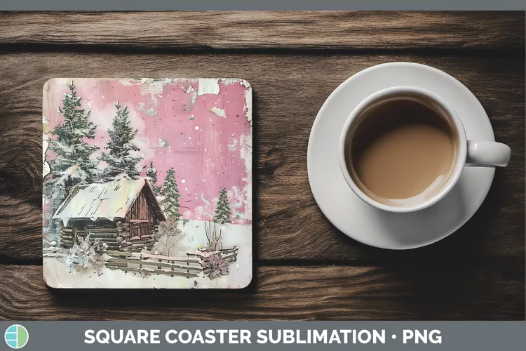 Vintage Pink Christmas Cabin Square Coaster Sublimation Coas