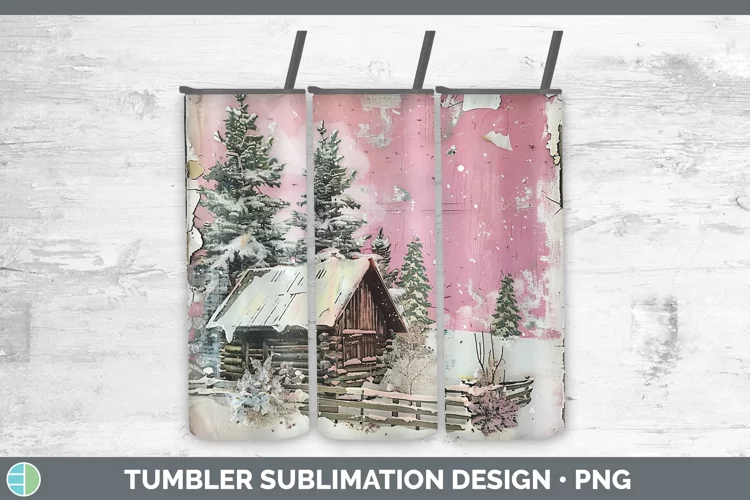 Vintage Pink Christmas Cabin Tumbler Sublimation 20 oz Skinn