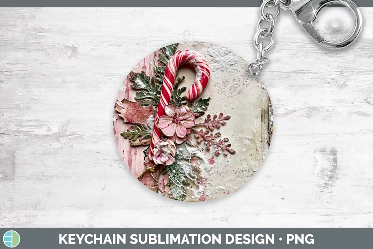 Vintage Pink Christmas Candy Cane Keychain Sublimation Keyri
