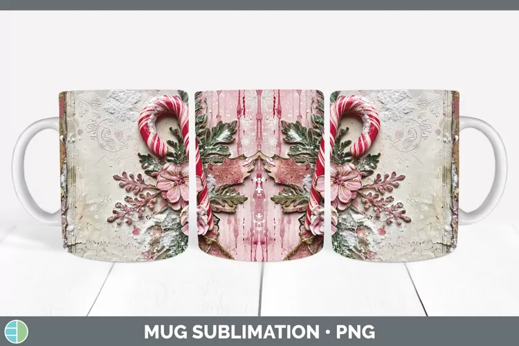Vintage Pink Christmas Candy Cane Mug Wrap Sublimation Coffe