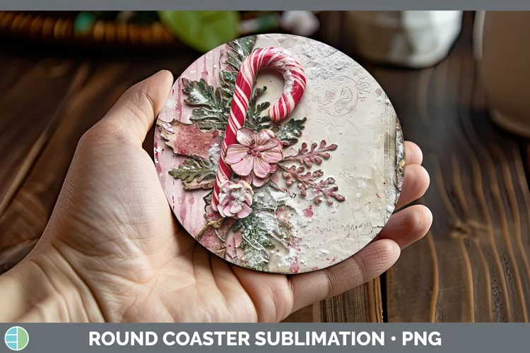 Vintage Pink Christmas Candy Cane Round Coaster Sublimation