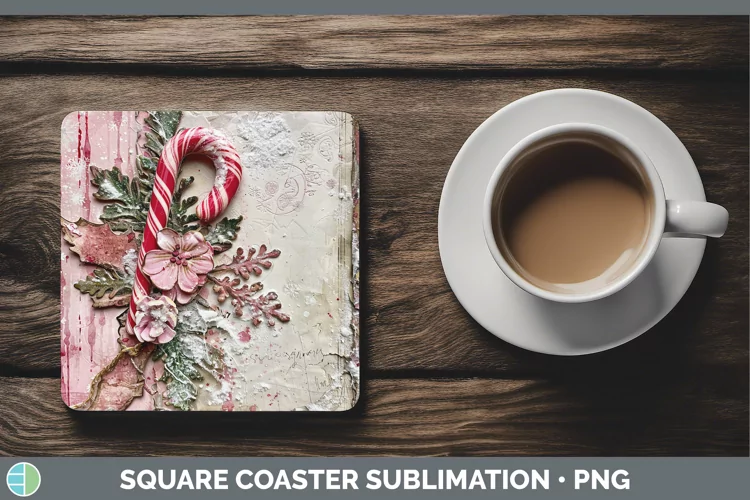 Vintage Pink Christmas Candy Cane Square Coaster Sublimation