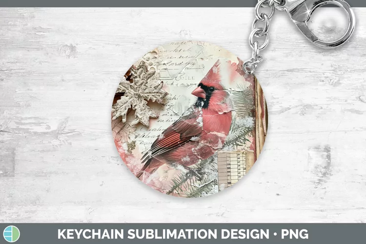 Vintage Pink Christmas Cardinal Keychain Sublimation Keyring