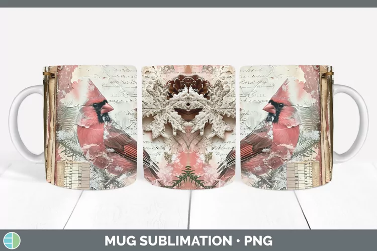 Vintage Pink Christmas Cardinal Mug Wrap Sublimation Coffee