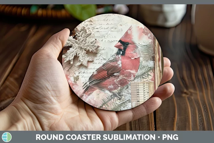 Vintage Pink Christmas Cardinal Round Coaster Sublimation Co