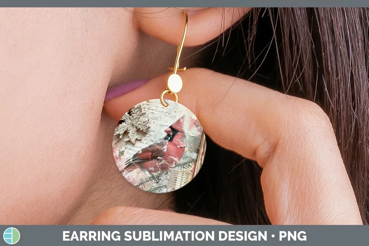 Vintage Pink Christmas Cardinal Round Earrings Sublimation E