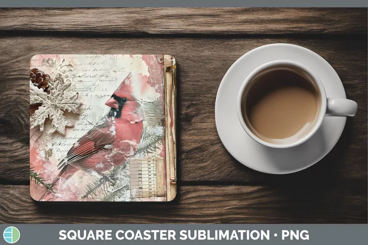 Vintage Pink Christmas Cardinal Square Coaster Sublimation C