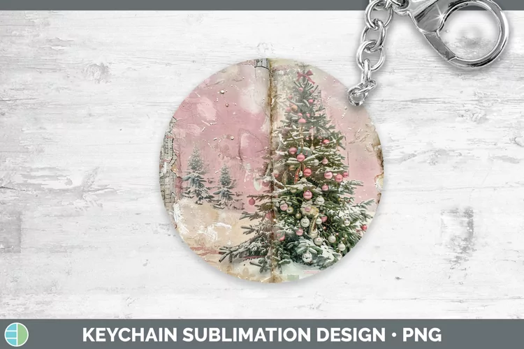 Vintage Pink Christmas Tree Keychain Sublimation Keyrin