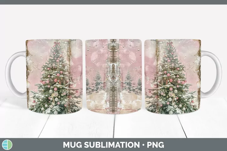 Vintage Pink Christmas Tree Mug Wrap Sublimation Coffee