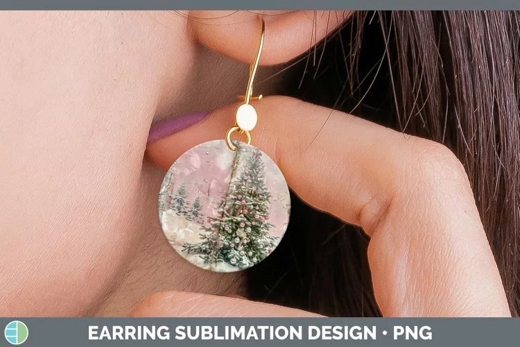 Vintage Pink Christmas Tree Round Earrings Sublimation