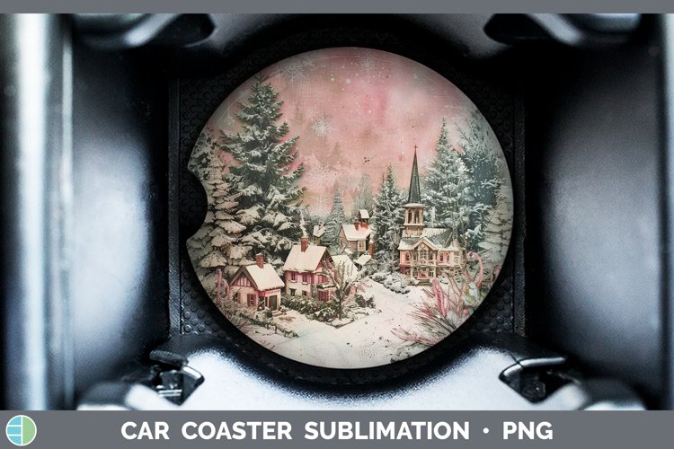 Vintage Pink Christmas Village Car Coaster Sublimation