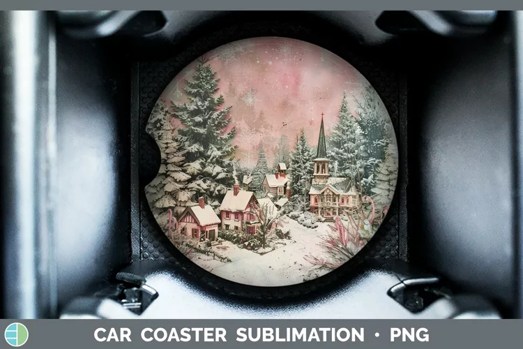 Vintage Pink Christmas Village Car Coaster Sublimation