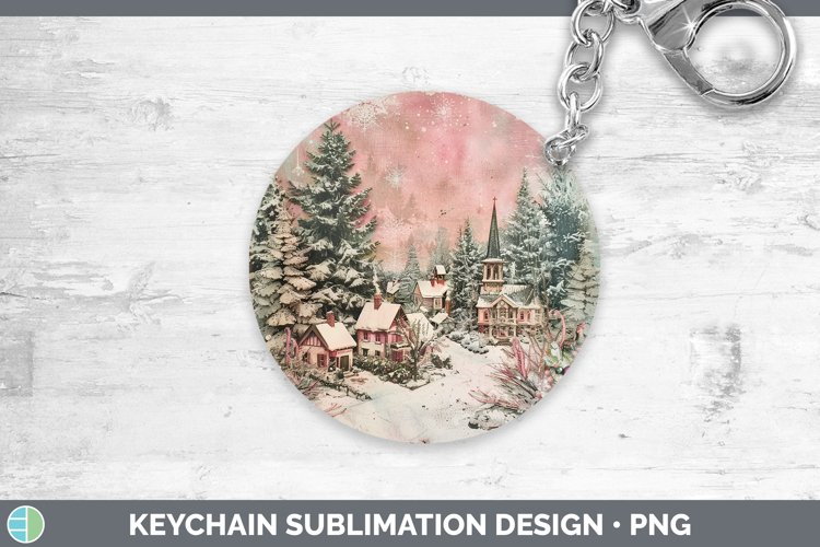 Vintage Pink Christmas Village Keychain Sublimation Key