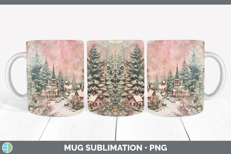 Vintage Pink Christmas Village Mug Wrap Sublimation Cof