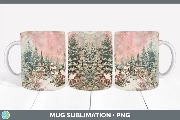 Vintage Pink Christmas Village Mug Wrap Sublimation Cof