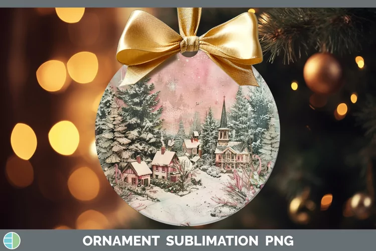 Vintage Pink Christmas Village Ornament Sublimation Bau