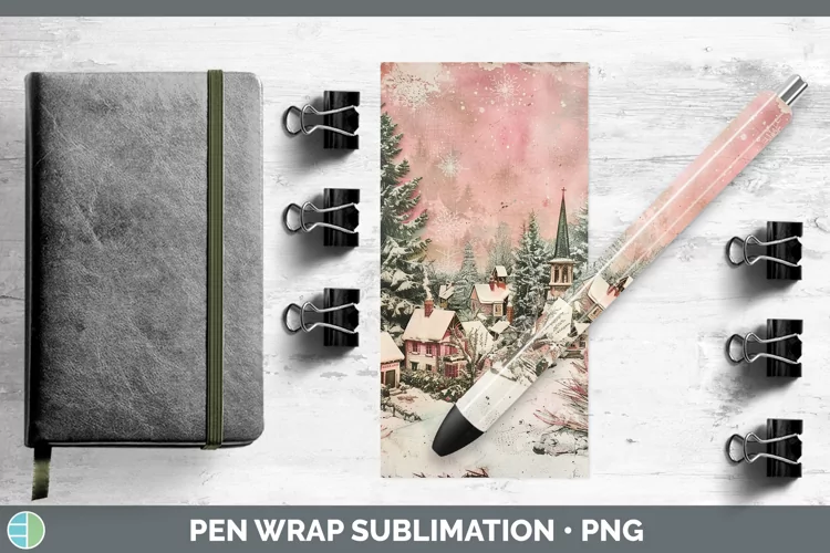 Vintage Pink Christmas Village Pen Wrap Sublimation Epo
