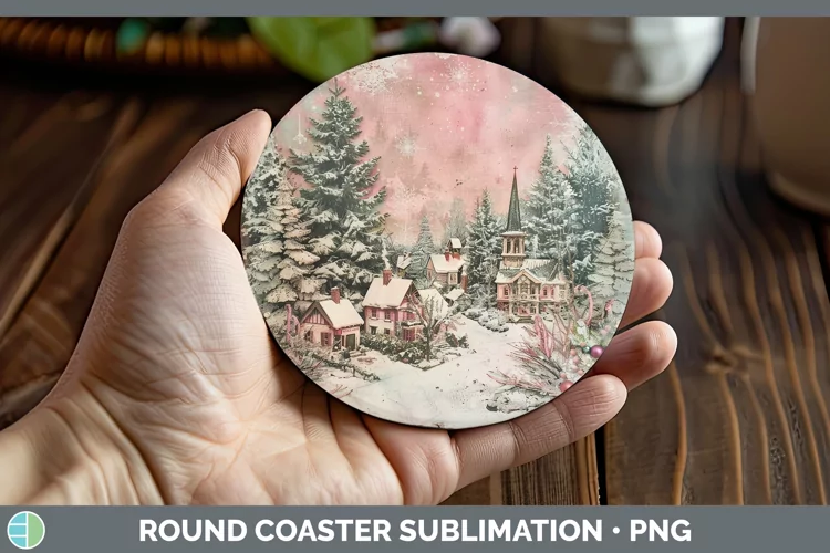 Vintage Pink Christmas Village Round Coaster Sublimatio