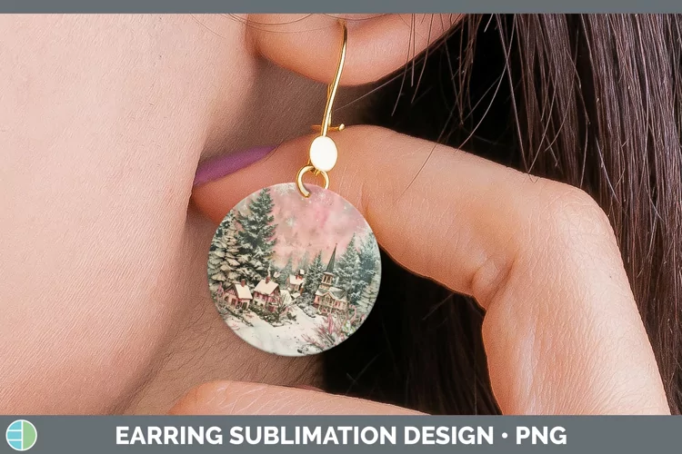 Vintage Pink Christmas Village Round Earrings Sublimati