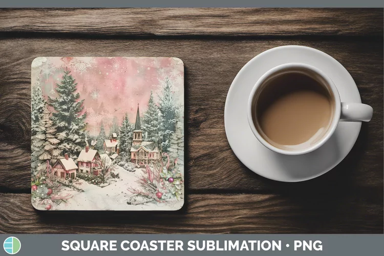 Vintage Pink Christmas Village Square Coaster Sublimati