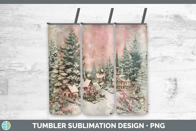 Vintage Pink Christmas Village Tumbler Sublimation 20 o