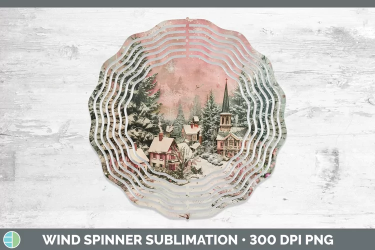 Vintage Pink Christmas Village Wind Spinner Sublimation