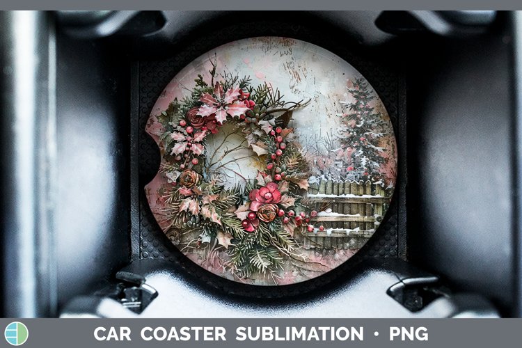 Vintage Pink Christmas Wreath Car Coaster Sublimation C