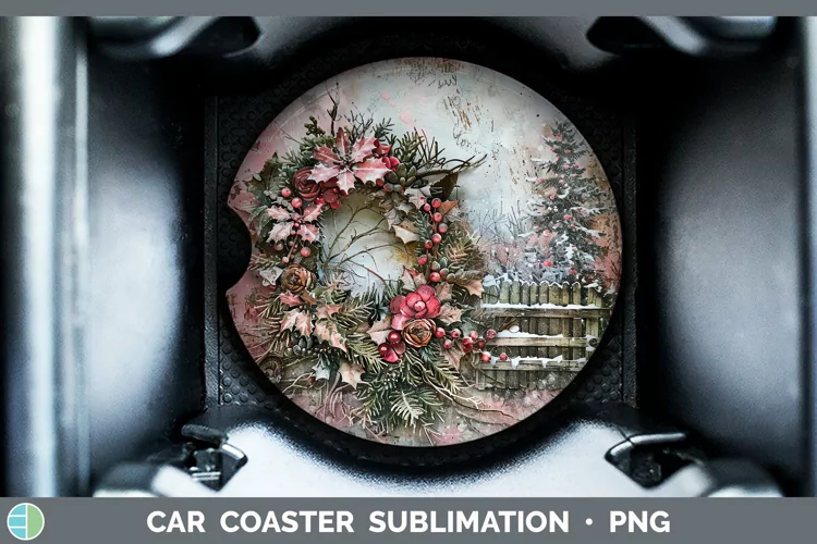 Vintage Pink Christmas Wreath Car Coaster Sublimation C