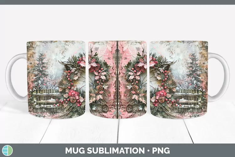 Vintage Pink Christmas Wreath Mug Wrap Sublimation Coff