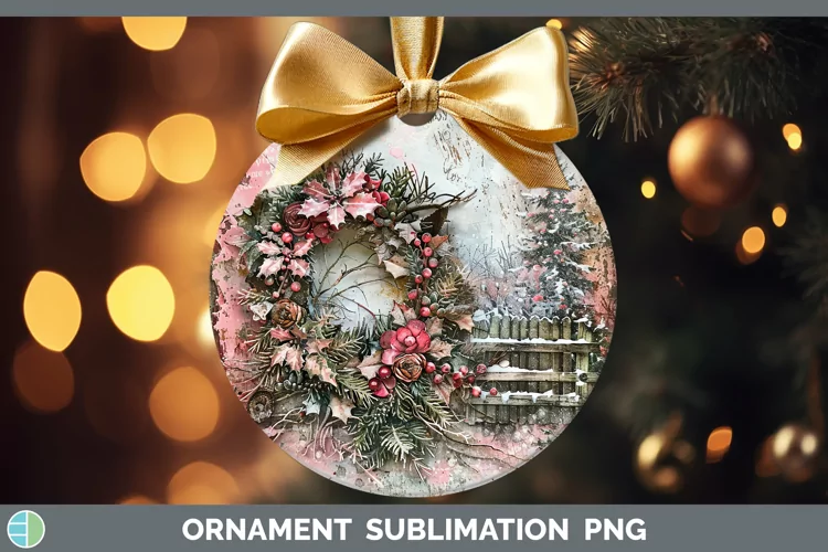 Vintage Pink Christmas Wreath Ornament Sublimation Baub