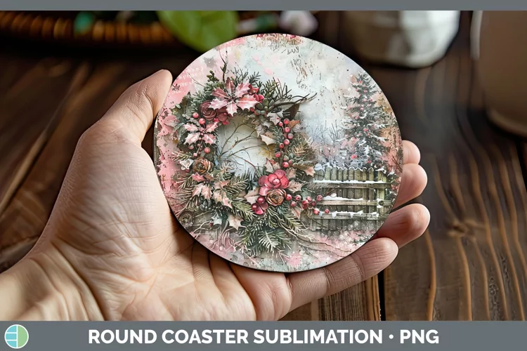 Vintage Pink Christmas Wreath Round Coaster Sublimation