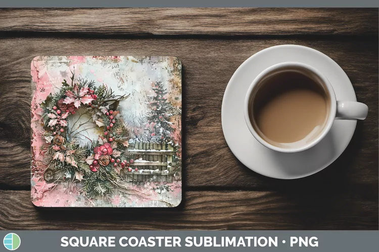Vintage Pink Christmas Wreath Square Coaster Sublimatio