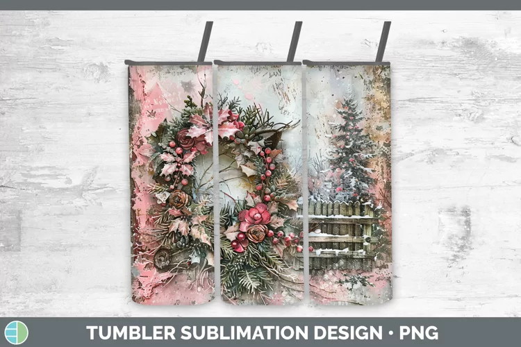 Vintage Pink Christmas Wreath Tumbler Sublimation 20 oz