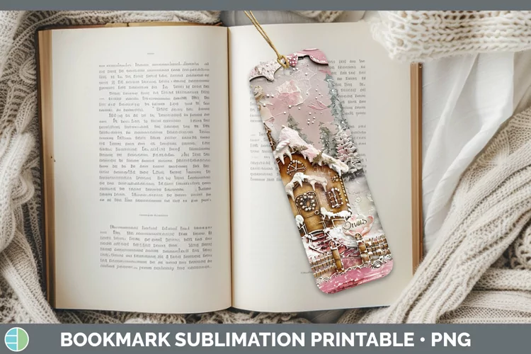 Vintage Pink Christmas Gingerbread House Bookmark Sublimatio