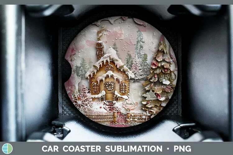 Vintage Pink Christmas Gingerbread House Car Coaster Sublima