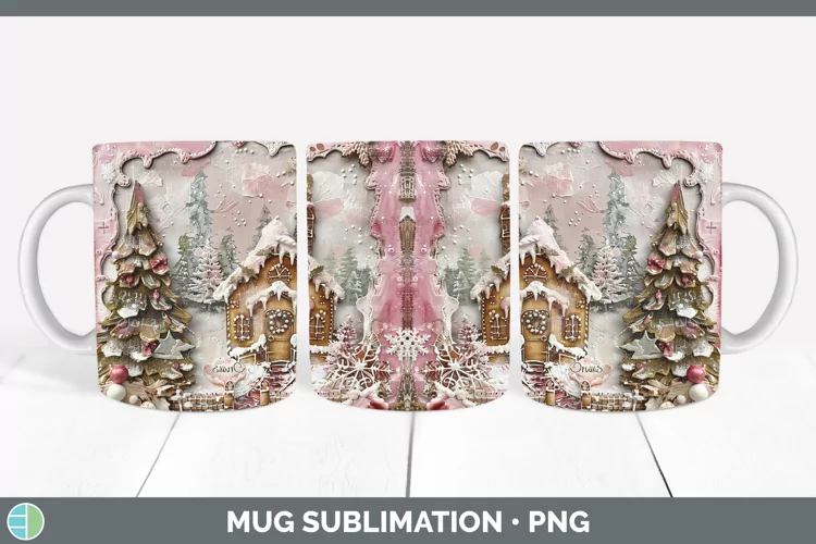 Vintage Pink Christmas Gingerbread House Mug Wrap Sublimatio