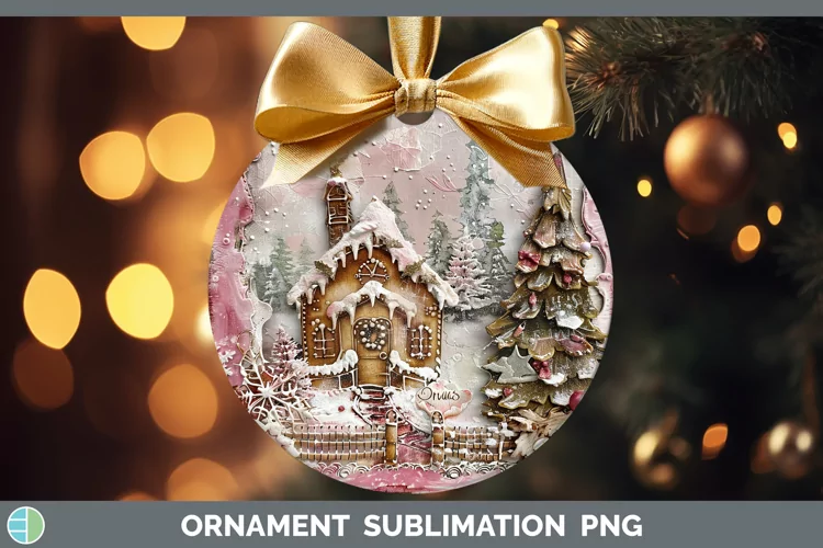 Vintage Pink Christmas Gingerbread House Ornament Sublimatio