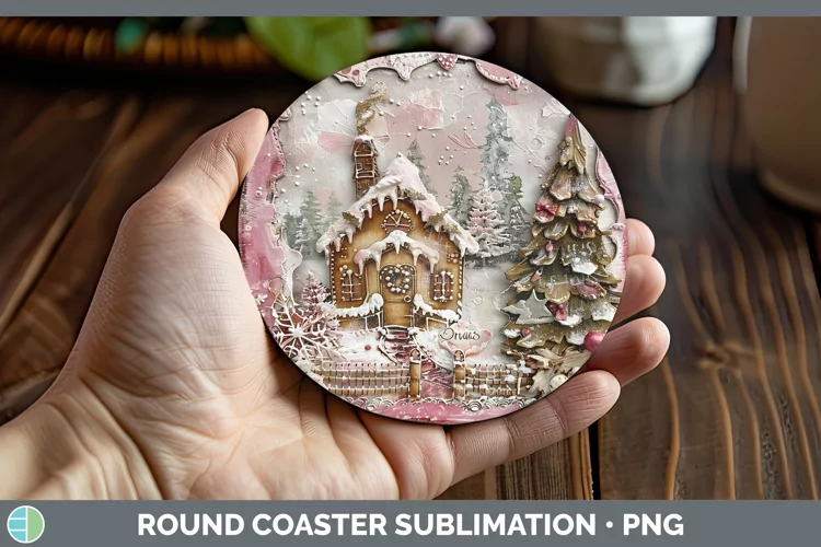 Vintage Pink Christmas Gingerbread House Round Coaster Subli